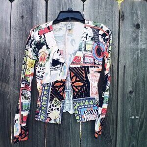 Alberto Makali Newspaper Art-Pop Graffiti Pattern Cardigan Size S Colored Beaded
